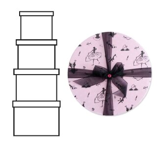 Geschenkbox oder Aufbewahrungsbox | Motiv: Mic rund rosé | Vier runde Boxen mit Schleife ineinandergestellt | Maße 22,7 x 12 cm; 20 x 9,8 cm; 17 x 8 cm; 13 x 5,9 cm