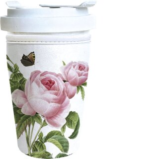 RCTG011 - Coffee to go Becher aus Porzellan - mit Neopren Cup Cover - Motiv &ldquo; Rosa centifolia &ldquo;